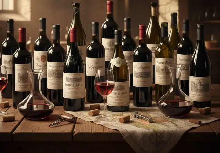 Une sélection des meilleurs vins de France, prêts à être dégustés. Bouteilles, carafes et verres sur une carte ancienne.