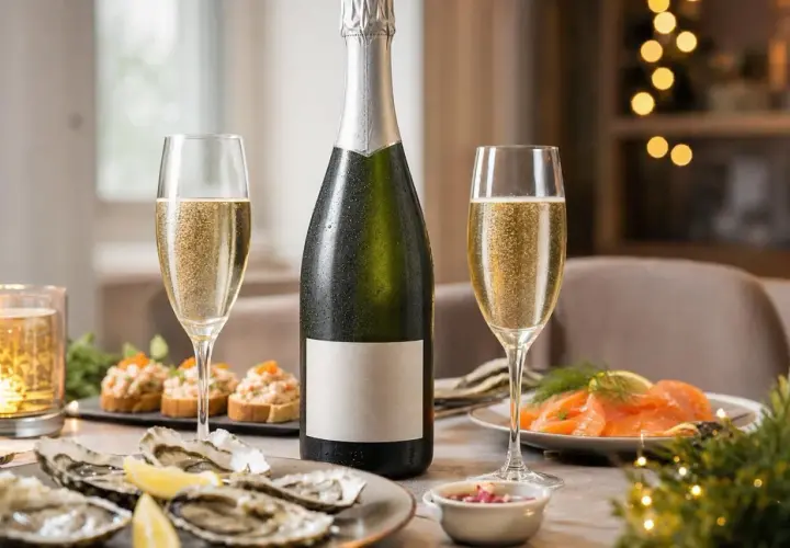 Bouteille de crémant champagne avec deux flûtes pétillantes, huîtres, saumon fumé et toasts. Une table festive prête pour l'apéritif.