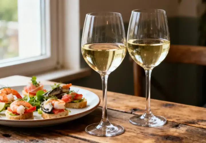 Deux verres de vin blanc pétillant pour un apéro savoureux, accompagnés de délicieux toasts aux fruits de mer et d'une tranche de citron vert.