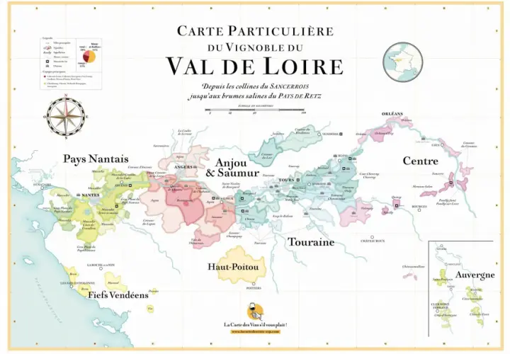 Carte du vignoble du Val de Loire, des châteaux aux vignes.