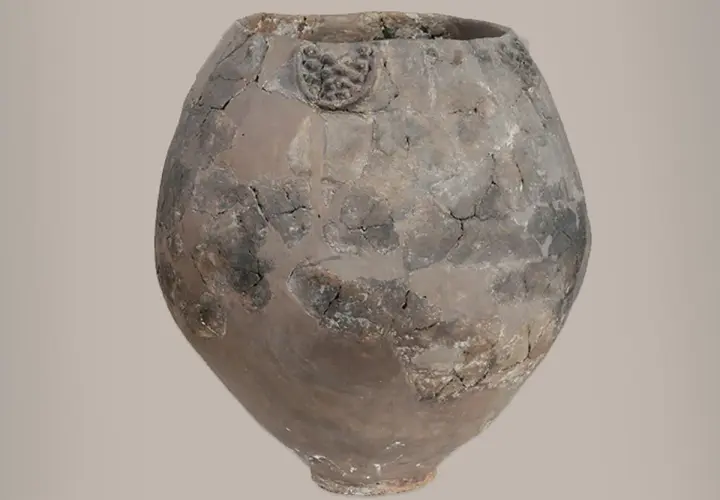 Vase antique craquelé, témoin du berceau du vin. Son argile patinée raconte des histoires de fermentation et de partage.