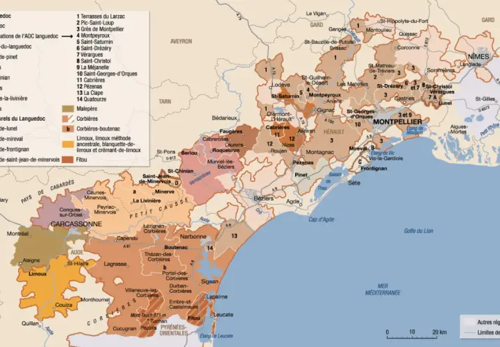 Carte des vins du Languedoc avec les appellations AOC et les vins doux naturels.