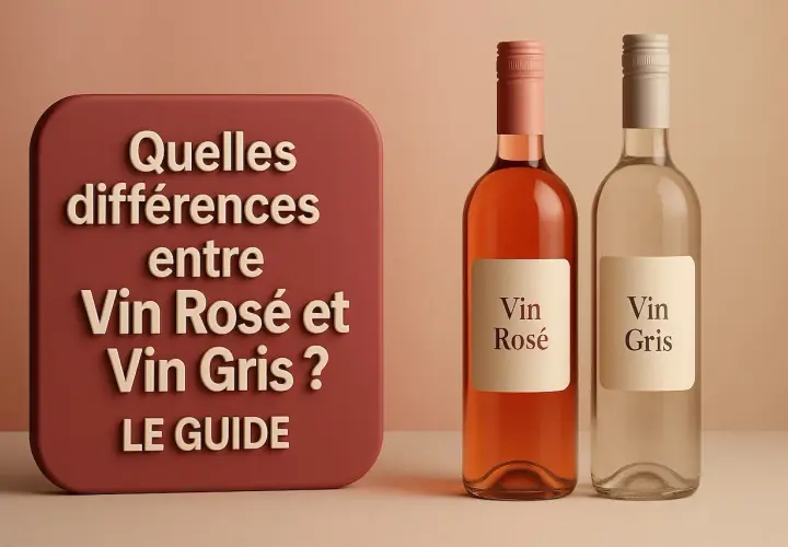 Deux bouteilles, l'une de vin rosé et l'autre de vin gris, côte à côte. Un panneau indique "Quelles différences entre Vin Rosé et Vin Gris ? LE GUIDE".