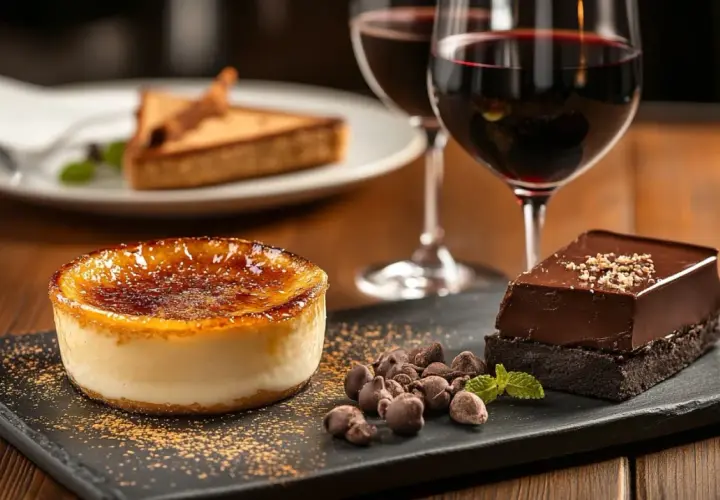 Crème brûlée et gâteau au chocolat, accompagnés de deux verres de vin rouge. Quel vin rouge avec dessert ? Une belle invitation à la gourmandise.