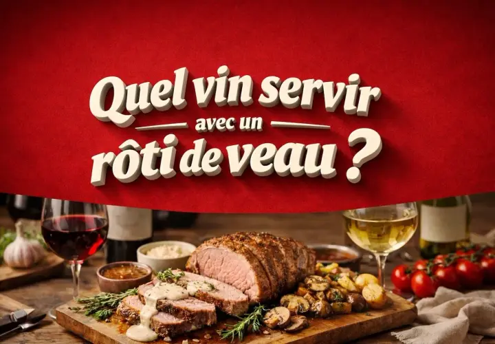 Un rôti de veau savoureux, accompagné de pommes de terre et de champignons, avec un verre de vin rouge. Quel vin servir avec un rôti de veau ?