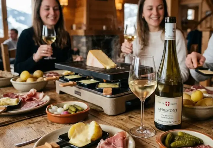Un groupe d'amis savoure une raclette et du vin blanc, avec une bouteille d'Apremont. Le pinot noir raclette est un délice.