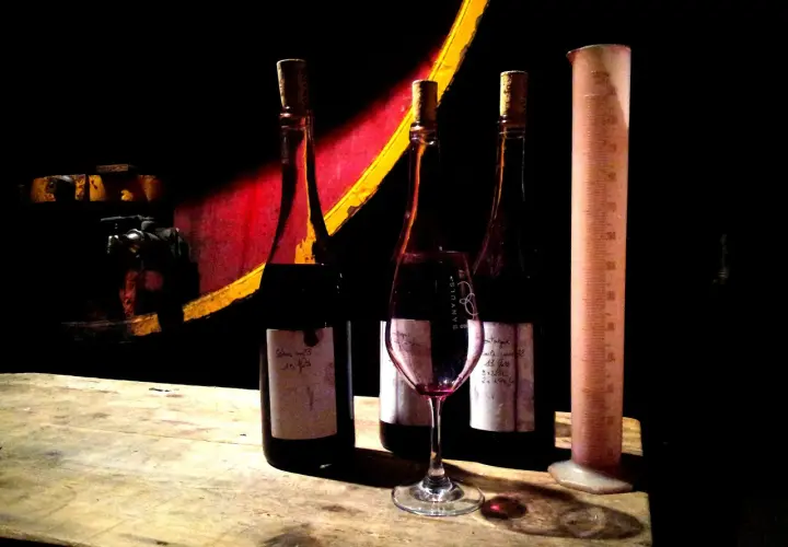 Trois bouteilles de vin, un verre et une éprouvette graduée sur une table en bois, dans l'ambiance du domaine de la rectorie.