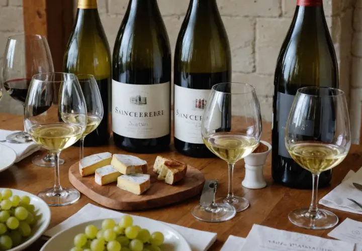 Dégustation de vins de Sancerre : une liste de bouteilles, verres de vin blanc et rouge, fromage et raisins sur une table en bois.