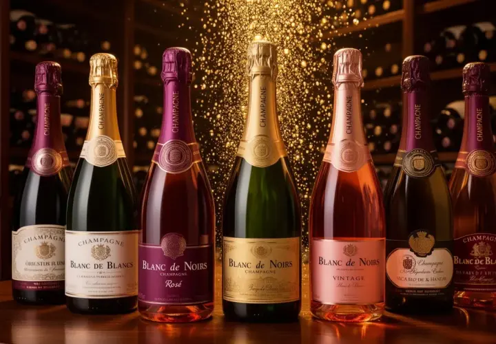 Une sélection de bouteilles de champagne, dont un "Blanc de Blancs" et un "Blanc de Noirs", baignant dans une lumière dorée. La fiche d'encépagement champagne est subtilement suggérée par la variété des cuvées.