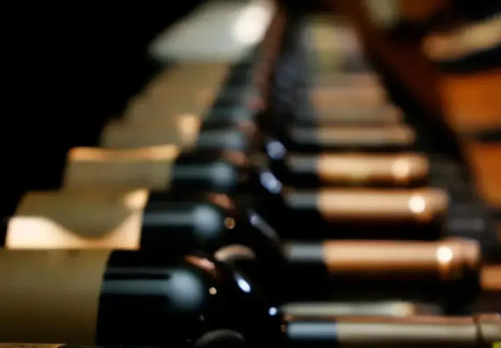 Des bouteilles de vin alignées, évoquant les meilleurs vins du Roussillon, dans une cave sombre.