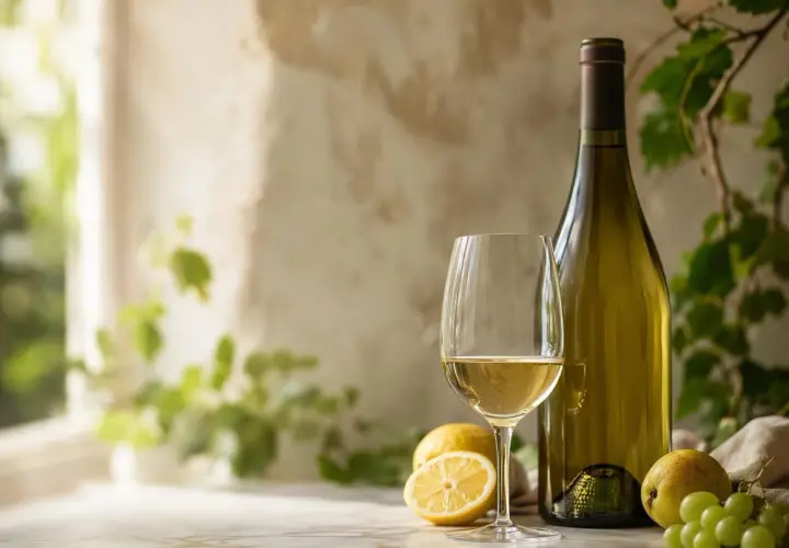 Un verre de sauvignon blanc avec des citrons et des raisins. Parfait pour un apéritif frais.