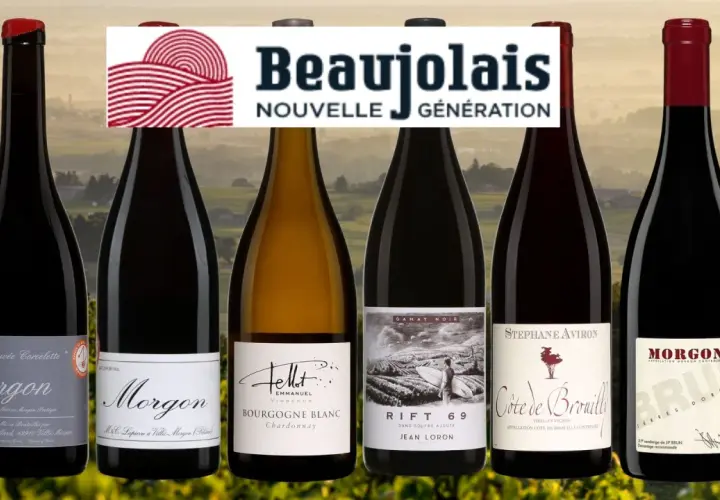 Six bouteilles de vin du Beaujolais, dont un Morgon de Jean Foillard, sous le logo "Beaujolais Nouvelle Génération".