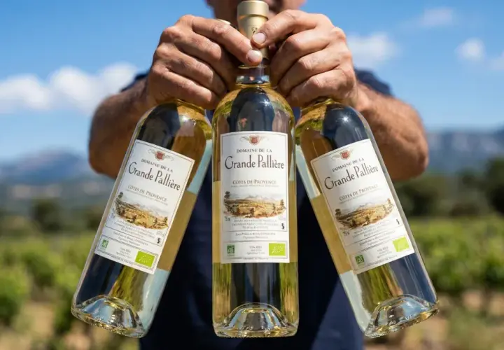 Trois bouteilles de vin blanc "Domaine de la Grande Pallière" Côtes de Provence, un vin doux ou moelleux, présentées par un vigneron.