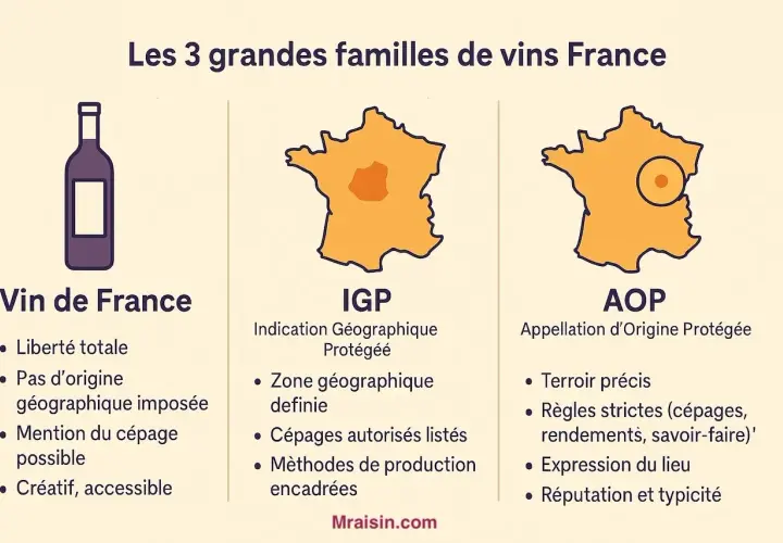 Les 3 grandes familles de vins français : Vin de France (créatif, accessible), IGP (zone géographique définie) et AOP (terroir précis). Un guide pour choisir votre vin cacher.