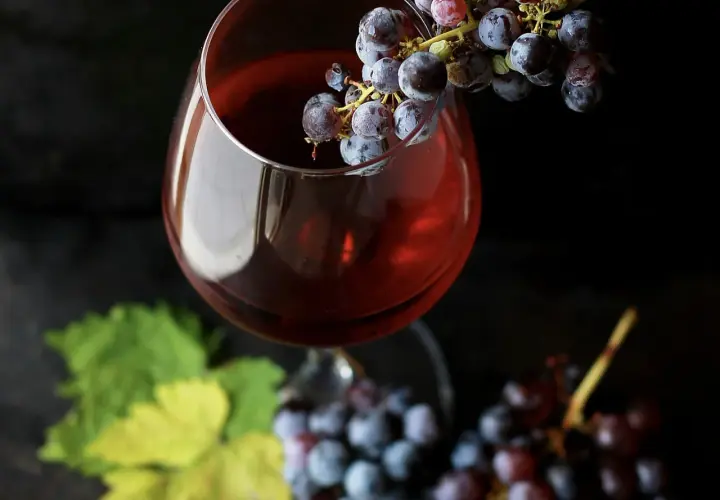 Verre de vin rouge avec des grappes de raisin, évoquant la conservation du beaujolais nouveau.