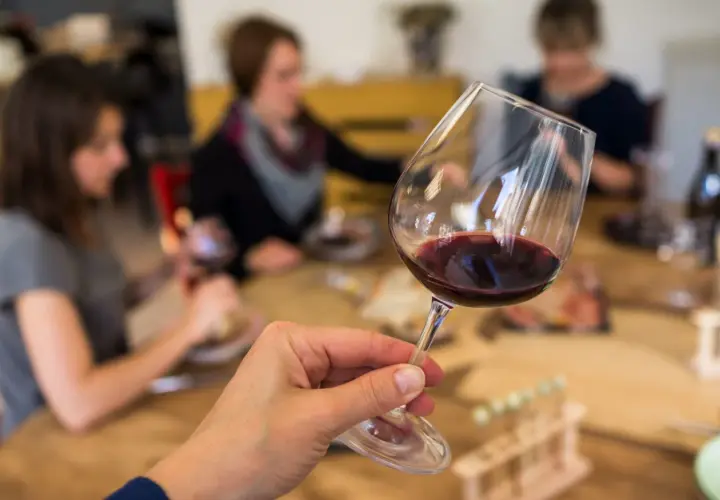 Une main tient un verre de vin rouge, prêt pour une initiation oenologie. Des personnes sont assises à une table en arrière-plan.