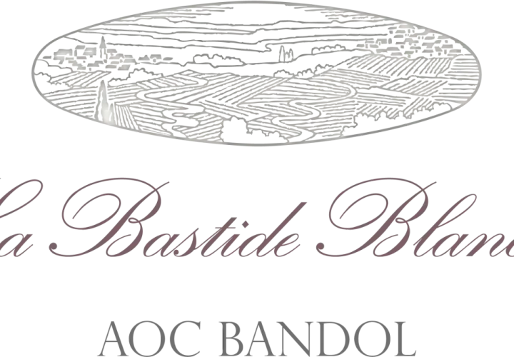 Logo de La Bastide Blanche, un domaine viticole avec un paysage de vignobles et un village.