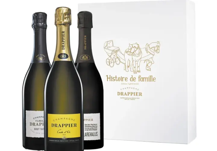 Trois bouteilles de champagne Drappier, dont une Carte d'Or, et une boîte "Histoire de famille". Avis sur le champagne Drappier.