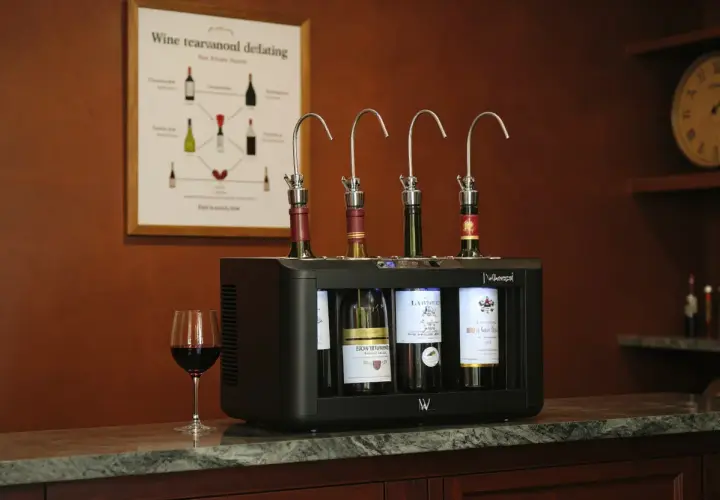 Système de conservation de vin avec quatre bouteilles ouvertes, un verre de vin rouge à côté. Le tableau temps de garde des vins au mur donne des conseils.