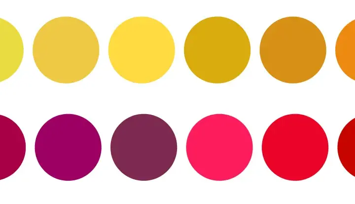 Palette de couleurs vives, allant du jaune pâle au brun orangé, rappelant la couleur vin blanc, et du bordeaux au rouge vif.
