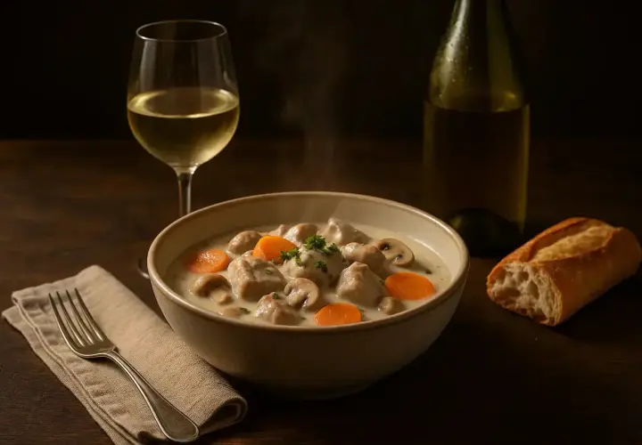Un bol fumant de blanquette de veau avec carottes et champignons, accompagné d'un verre de vin blanc et d'une baguette.