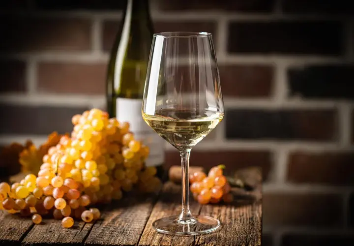 Verre de vin blanc, grappes de raisins dorés et bouteille sur fond de briques. Le chardonnay est-il un vin sec ? La réponse est dans le verre.