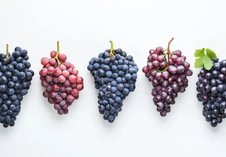 Cinq grappes de raisins, dont un cépage corse rouge, sur fond blanc.