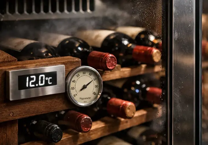Cave à vin électrique : affichage 12°C et hygromètre. Pour savoir comment régler une cave à vin électrique, surveillez ces indicateurs.