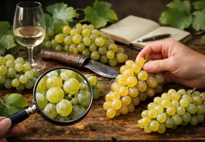 Gros plan sur un cépage de vin blanc très populaire, des grappes de raisins verts juteux sous une loupe, avec un verre de vin et un carnet en arrière-plan.