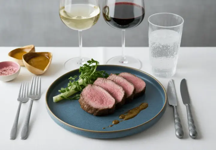 Filet mignon de porc tranché, servi avec une sauce et des verdures, accompagné de vin blanc et rouge.