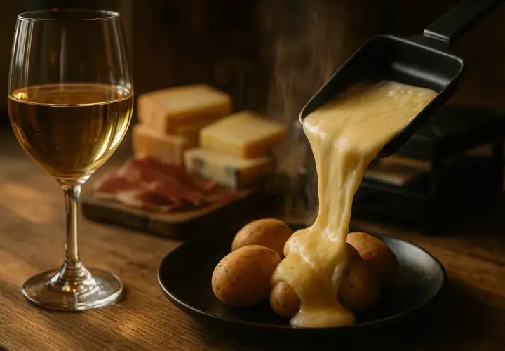 Fondue de fromage dégoulinant sur des pommes de terre, avec un verre de vin blanc, peut-être un petite arvine, et des tranches de charcuterie.