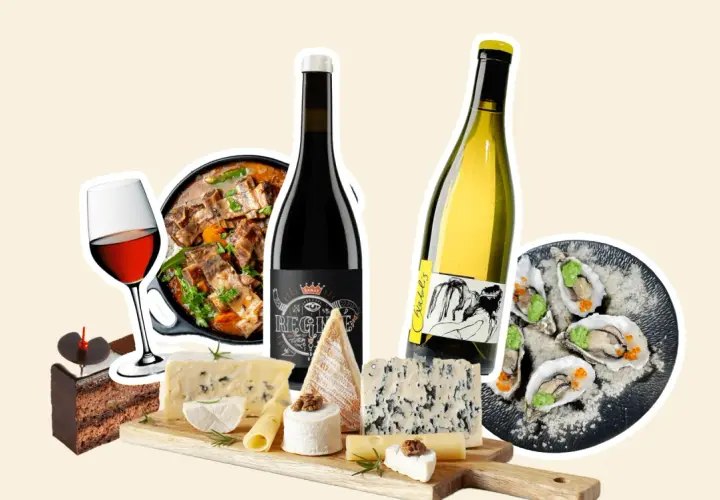 Un festin pour les sens : vin, fromages, huîtres, plat mijoté et gâteau au chocolat pour un moment de pur plaisir.