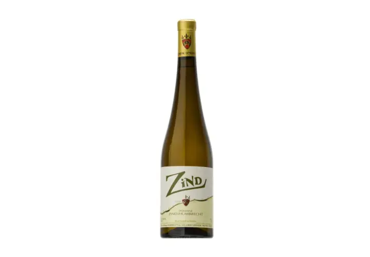Bouteille de vin blanc du Domaine Zind-Humbrecht, avec une étiquette stylisée et un bouchon doré.