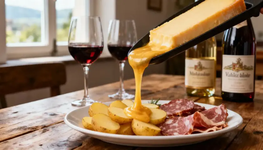 Raclette fondant sur des pommes de terre et de la charcuterie, accompagné de vin d'Alsace. Un délice pour les papilles !