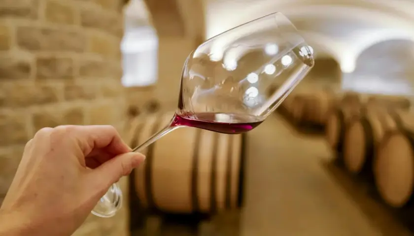 Main d'une personne tenant un verre de vin rouge dans une cave à vin, avec des tonneaux en arrière-plan. Quel vin bourguignon ?