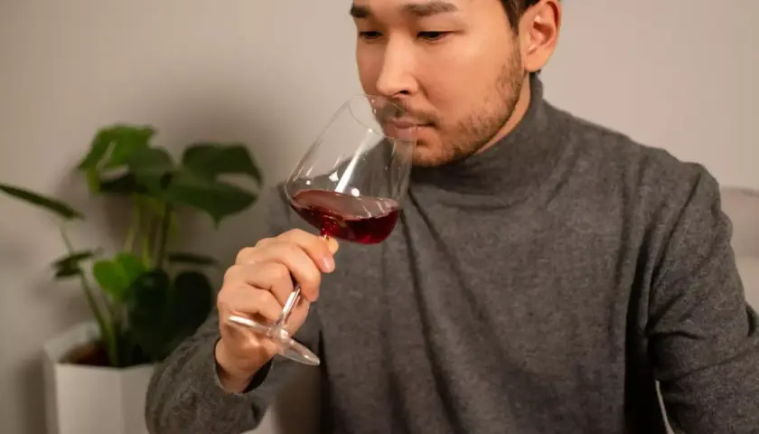 Un homme déguste un verre de vin rouge, réfléchissant à ce que contient le vin. Une plante verte est visible en arrière-plan.