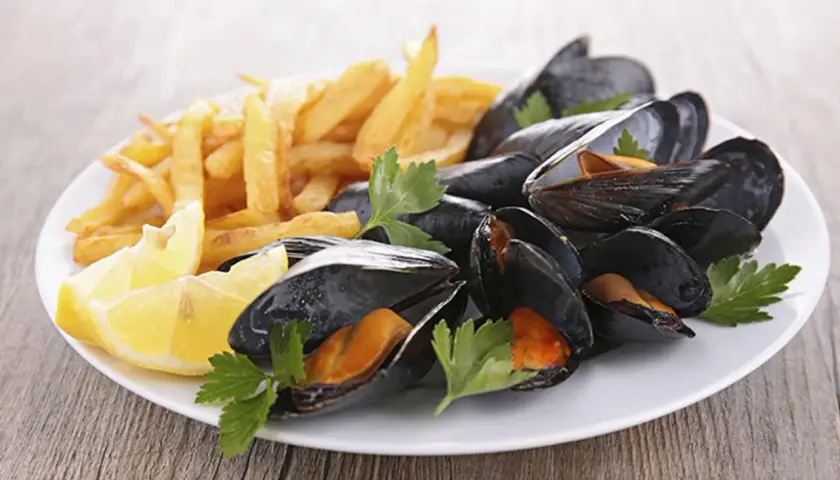 Moules frites sur une assiette blanche avec des quartiers de citron et du persil. Un plat classique, quel vin avec moules frites ?