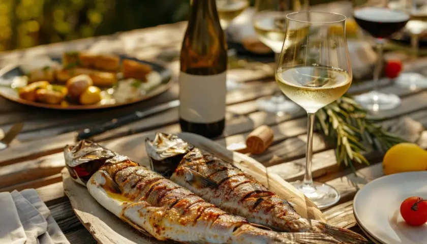 Deux poissons grillés sur un plateau en bois, accompagnés de vin blanc. Une question se pose : quel vin avec poisson en sauce pour sublimer ce repas ?
