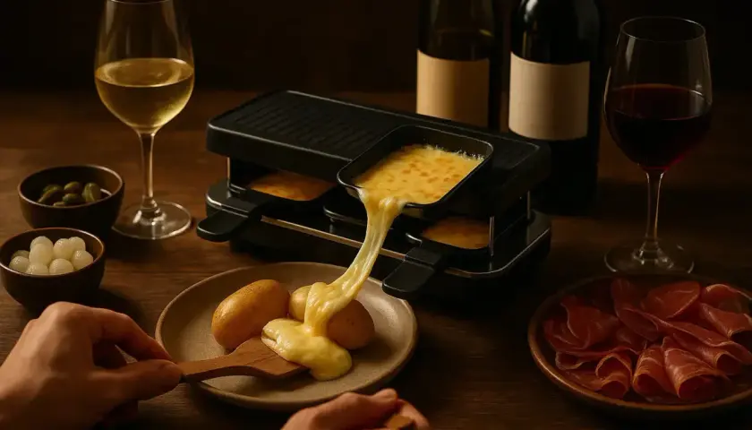 Raclette savoyarde fondante avec vin blanc de Savoie. Fromage coulant sur pommes de terre, accompagné de charcuterie et cornichons.