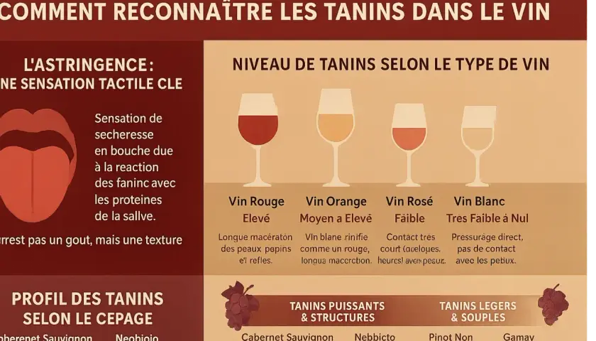 Comprendre les tanins du vin : sensation de sécheresse en bouche, niveaux selon le type de vin (rouge, orange, rosé, blanc) et profils par cépage.