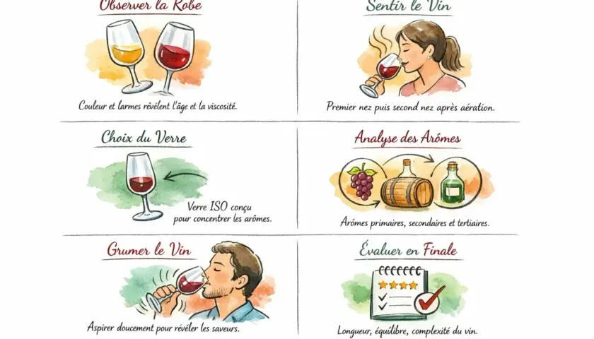 Guide pour déguster un vin saumur : observer la robe, sentir, analyser les arômes, choisir le verre, grumer et évaluer.