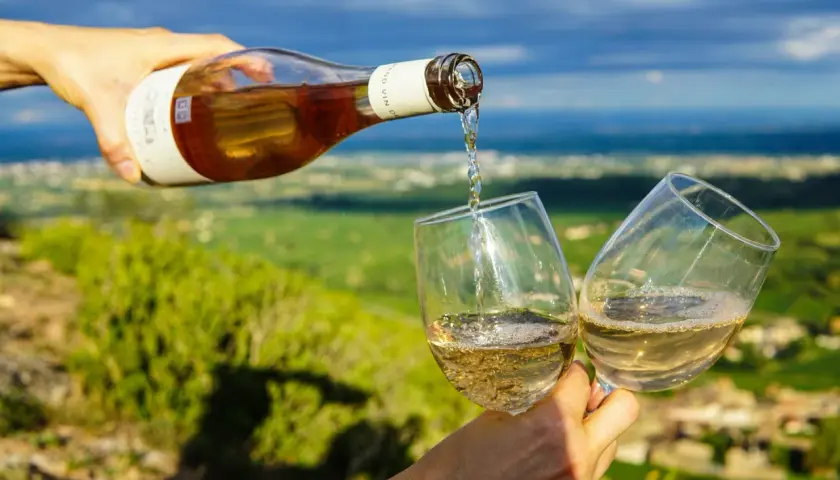 Verre de vin blanc versé d'une bouteille, dégustation des meilleurs vins de Collioure avec vue panoramique sur la côte.