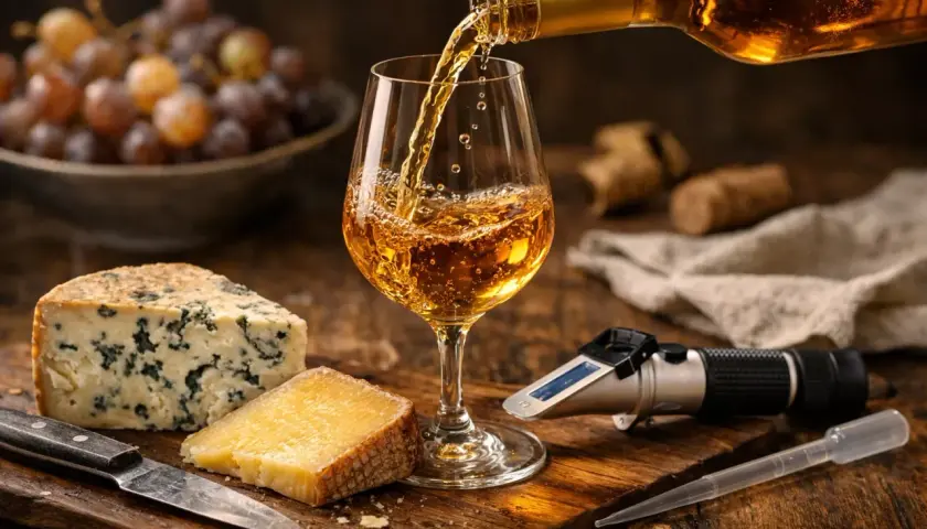 Un verre de pinot blanc est servi avec des fromages bleus et affinés, des raisins et un réfractomètre.