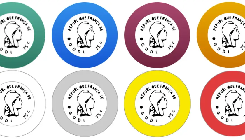 Huit capsules de vin aux couleurs vives : vert, bleu, bordeaux, ocre, gris, jaune, rouge et blanc, chacune ornée d'un profil de Marianne.