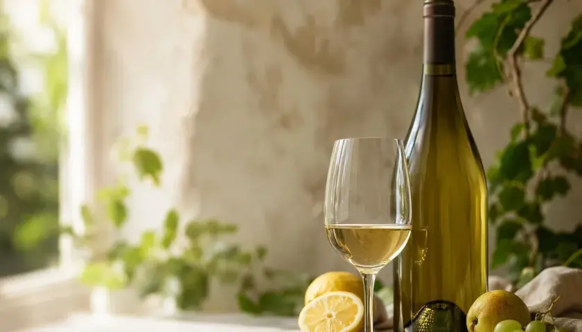 Verre de vin blanc, citron, poire et raisins, évoquant les meilleurs sauvignon blanc.