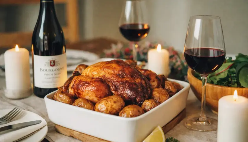 Un chapon rôti doré, entouré de pommes de terre, servi avec un vin rouge de Bourgogne. Un repas festif illuminé par des bougies.