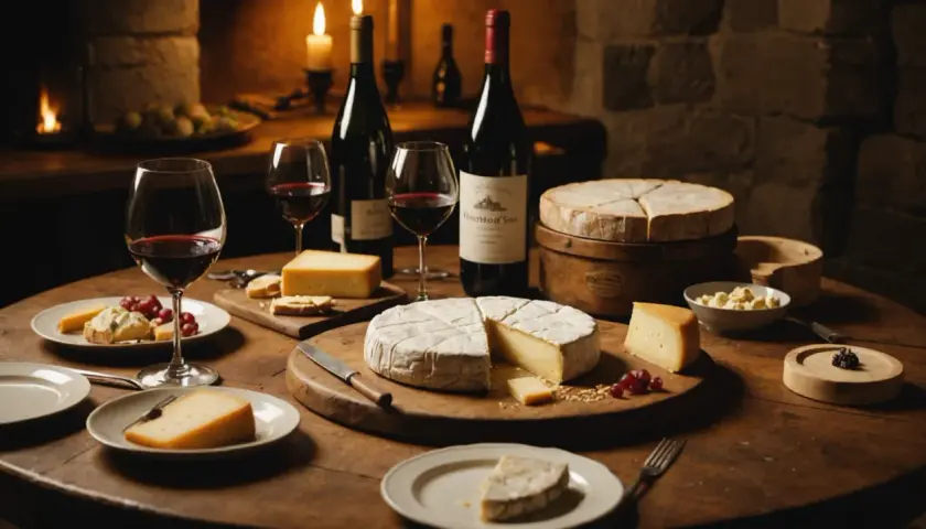 Un festin de fromages, dont un Mont d'Or crémeux, accompagné de vin rouge. Parfait pour savoir quel vin avec Mont d'Or.