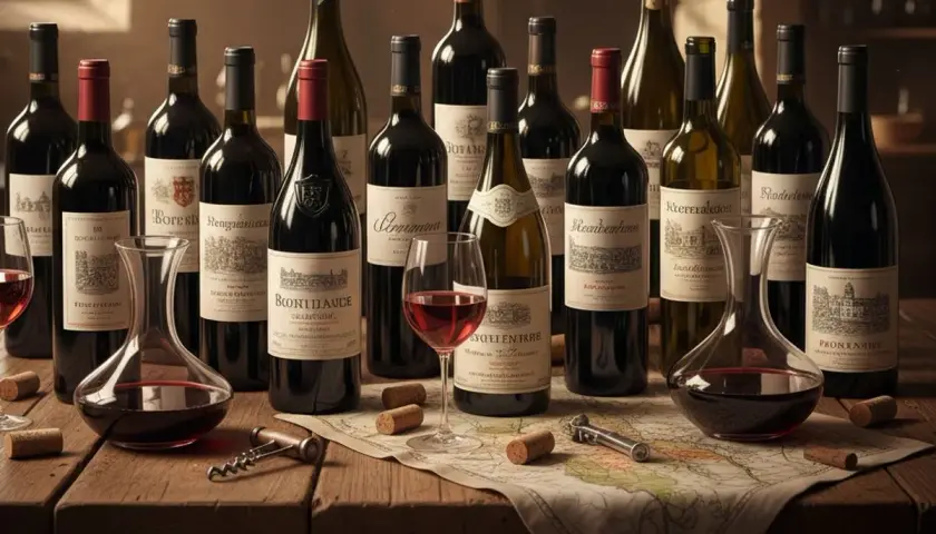 Une sélection des meilleurs vins de France, prêts à être dégustés. Bouteilles, carafes et verres sur une carte ancienne.