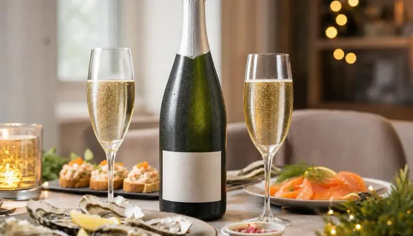 Bouteille de crémant champagne avec deux flûtes pétillantes, huîtres, saumon fumé et toasts. Une table festive prête pour l'apéritif.