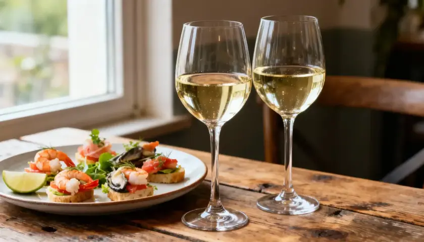 Deux verres de vin blanc pétillant pour un apéro savoureux, accompagnés de délicieux toasts aux fruits de mer et d'une tranche de citron vert.